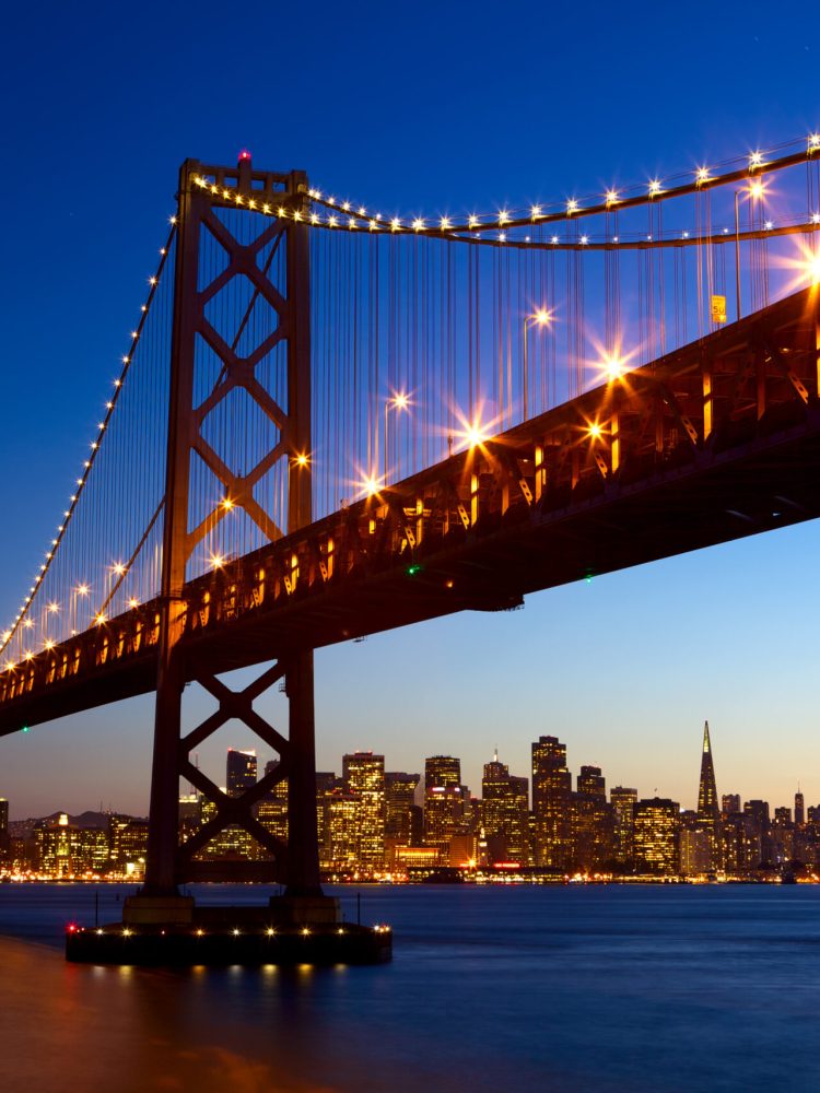 San Francisco skyline and Bay Bridge at sunset, California, USA